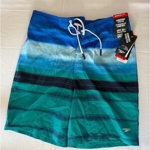 Speedo Men Bondi Boardshort 20 Blue Teal Striped Swim Trunks UPF 50+ Large NEW